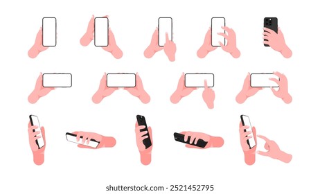 Human Hand Holding Mobile Phone Horizontally and Vertically with Blank Screen. Different Angles of mobile phone with Finger Tapping and touching on Display. Vector.