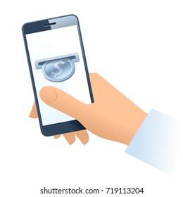 A human hand holding a mobile phone. A coin slot with silver dollar is inserting at the screen. Money, banking, online payment, buying, cash concept. Vector flat illustration of hand, phone, dollar.