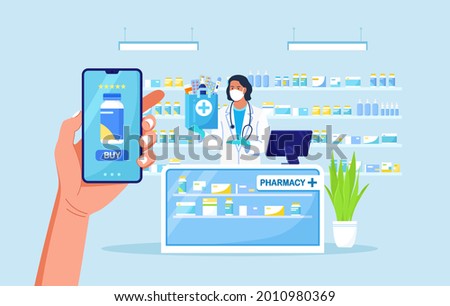 Human hand holding mobile phone for medicine online payment. Home delivery pharmacy service. Pharmacist hold paper bag with pills bottle, medicines, drugs, thermometer inside. Vector illustration