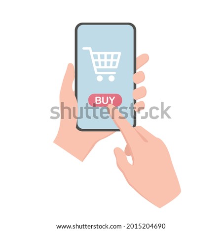 Human hand holding mobile phone. Colored vector flat illustration. Isolated on white background.