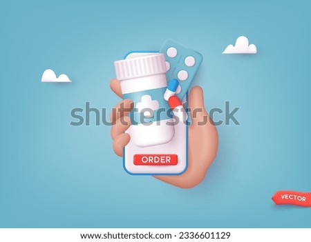 Human hand holding mobile phone for medicine online payment. Home delivery pharmacy service. 3D Web Vector Illustration.
