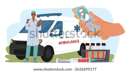 Human hand holding mobile phone to call emergency 911 service for medical help in troubles with health carton scene. Doctor, ambulance car and ringing telephone advertising vector illustration