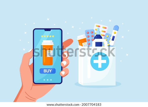 Human hand holding mobile phone for medicine\
online payment. Home delivery pharmacy service. Paper bag with\
pills bottle, medicines, drugs, thermometer inside. Medical\
assistance, health care\
concept