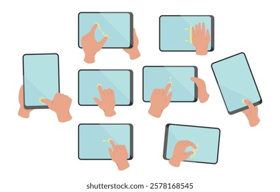 Human hand holding mobile tablet digital device showcasing different touchscreen gestures set. Tapping, zoom out, zoom in, stretching, pulling, pinching, dragging touchpad vector illustration