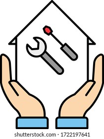 human hand holding model cottage with handyman tool vector Color icon design. Home Improvement Concept. Adopt Living Space Repair on White background. 