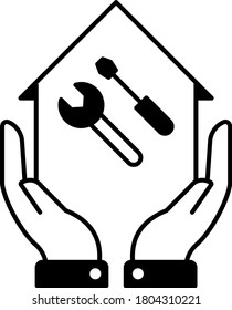 cottage de modelo de mano humana con herramienta manual vector diseño de icono de glifo. Concepto de mejora del hogar. Adoptar la reparación del espacio vital en el fondo blanco.