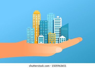 Human hand holding modern city on light blue background. Vector illustration