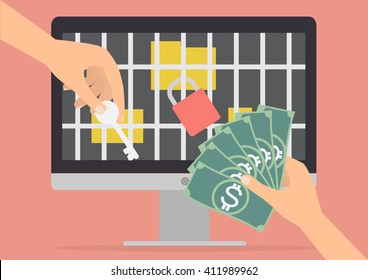 Human hand holding money banknote for paying the key from hacker for unlock jail for folder got ransomware malware virus computer. Vector illustration technology data privacy and security concept.