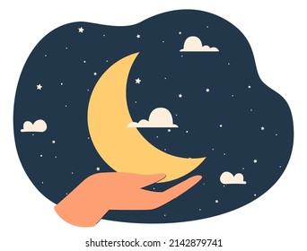 Human hand holding moon crescent. Peaceful calm night under black sky with stars at person flat vector illustration. Sweet dreams, bedtime concept for banner, website design or landing web page