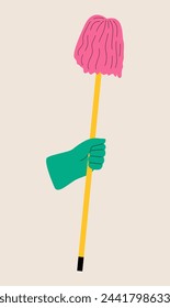 Human hand holding mopping. Colorful vector illustration