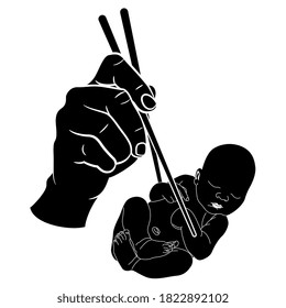 Human hand holding newborn baby with chopsticks. Monochrome silhouette. Creative concept for cannibalism and devouring of future.