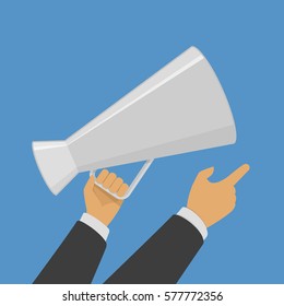 Human hand holding old megaphone. Social media, promotion or marketing concept. Vector illustration in modern flat style. EPS 10.