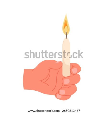 Human hand holding one white thin candle to celebrate religious holiday. Fingers of palm hold burning wax candle in holy ceremony of church, worship meditation and prayer cartoon vector illustration