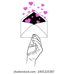 Human hand holding an open paper envelope with heart symbols inside. Romantic Valentine's Day design. Spread love. 