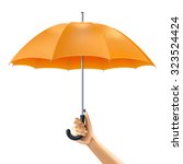 Human hand holding open yellow umbrella realistic vector illustration