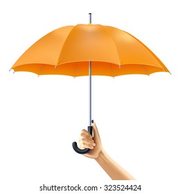 Human Hand Holding Open Yellow Umbrella Realistic Vector Illustration