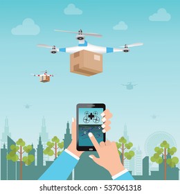 Human hand holding and operating remotely controlled for Delivery Drone with Box of Food or other goods, conceptual  delivery Flat design vector illustration.