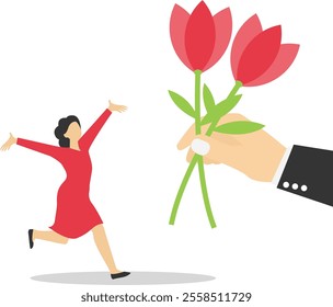 Human hand holding out gift to lover. Dating. Love. Flat vector illustration


