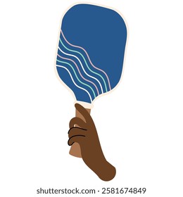 Human hand holding paddle from pickleball. Sports activities, matches, training equipment, active lifestyle. Vector hand draw illustration