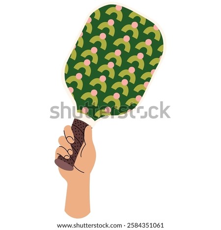 Human hand holding paddle from pickleball. Sports activities, matches, training equipment, active lifestyle. Vector hand draw illustration