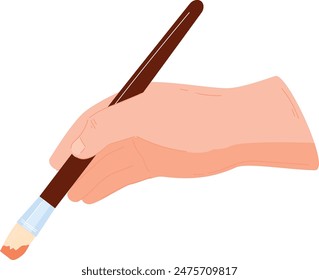 Human hand holding paintbrush creating painter. Closeup hand grip brush creative. Light skin tone brown brush tip dipped red paint