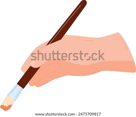 Human hand holding paintbrush creating painter. Closeup hand grip brush creative. Light skin tone brown brush tip dipped red paint