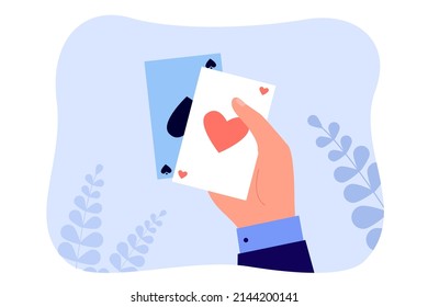 Human hand holding pair of paper poker playing cards. Good chance of male player with ace of spades and hearts to win flat vector illustration. Casino, gambling game, fortune and luck concept