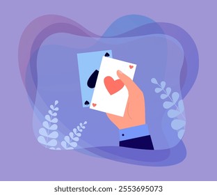 Human hand holding pair of paper poker playing cards. Good chance of male player with ace of spades and hearts to win flat vector illustration. Casino, gambling game, fortune and luck concept