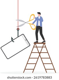 Human hand holding a pair of scissors and cut the string of hook phishing

