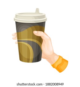 Human Hand Holding Paper Cup with Coffee Beverage Vector Illustration