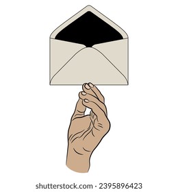 Human hand holding paper envelope. Isolated vector illustration.