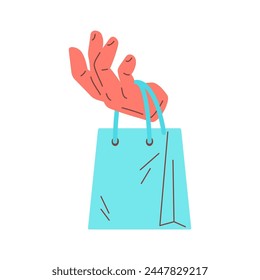 Human hand holding paper shopping bag buying goods sale icon vector flat illustration. Cartoon male arm carrying purchase package store shop discount concept of commercial retail marketing