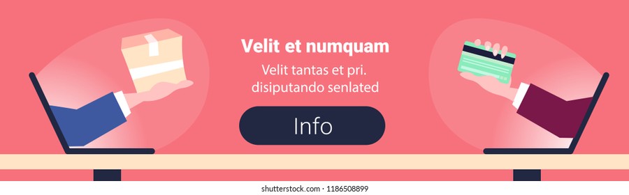 Mano humana que sostiene la caja de papel de paquete Tarjeta de crédito Concepto de entrega de compras en línea Anuncio Horizontal Espacio de copia plana Ilustración vectorial
