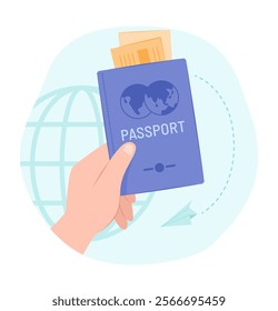 Human Hand Holding Passport and Boarding Pass for Travel Concept Illustration