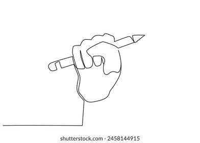 human hand holding a pen fist power victory success sign education one line art design vector