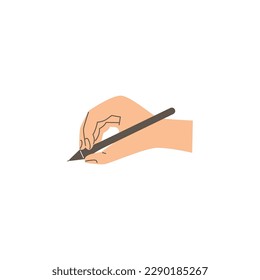 Human hand holding pen flat style, vector illustration isolated on white background. Writing, stationery, decorative design element. Education and work tool