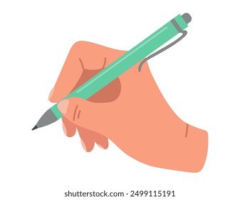 Human hand holding pen, writing, making note. Vector cartoon linear doodle illustration