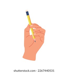 Lápiz de sujeción de mano humana con punta de gráfico y tapón de borrado. Concepto de escritura, de vuelta a la escuela con dedos pegando lápiz aislado en fondo blanco. Ilustración del vector de dibujos animados