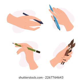 Lápiz de sujeción de mano humana con punta de grafito, estilete, pinceles y pluma. Concepto de escritura, regreso a la escuela, ocupación de artistas o estudiantes aislados de fondo blanco. Ilustración del vector de dibujos animados