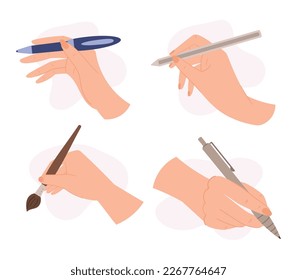 Lápiz, pluma, estilete y pincel de mano humana. Concepto de regreso a la escuela, creatividad, clases de arte. Dedos que atrapan herramientas de escritura aisladas en fondo blanco. Ilustración del vector de dibujos animados