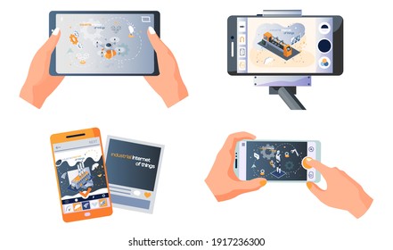 Handheld-Handy mit App über die Attribute der modernen Technologien des technologischen Fortschritts intelligente industrielle Produktion innovative Methoden der Fertigungskontrolle, Lieferung Satz von vier Szenen