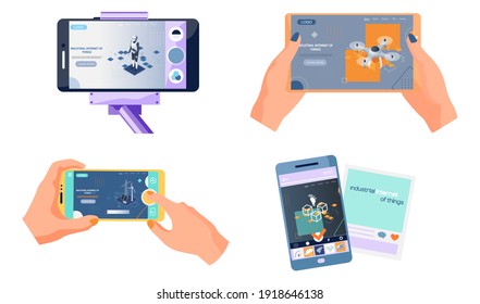 Human hand holding phone with app about methods of producing alternative energy, work of robotic assistants in production. Applications on smartphone to control technological equipment, quadcopter