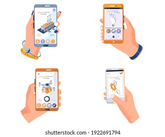 Human hand holding phone with app about modern technologies attributes of technological progress smart industrial production. Applications on smartphone to control technological equipment, quadcopter