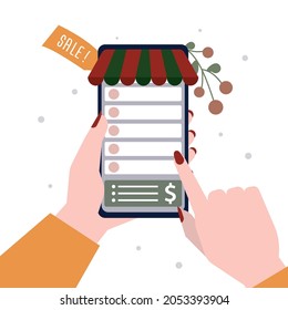 Human hand holding phone with application for shopping to Christmas. Customer buying, choosing and ordering presents in online store. Purchases and gifts for xmas with discount. Vector illustration