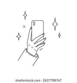 Human hand holding a phone doodle drawing cute cartoon decoration 