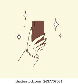 Human hand holding a phone doodle drawing cute cartoon decoration 