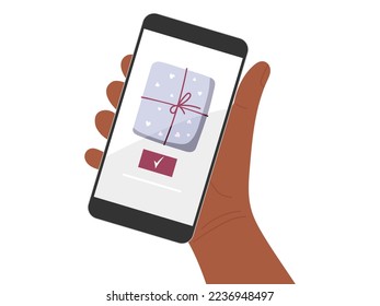 Human hand holding phone. Online gift order on screenshot. Online shopping. Person buying on Internet. Vector flat illustration. Internet shop, customer service, Smartphone apps concept