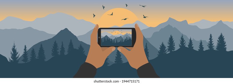 Human hand holding phone and taking photo of silhouette of sunrise in mountains with forest and flying birds. Vector illustration 