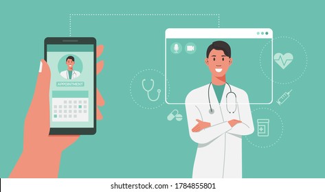 Human Hand Holding Phone And Using Mobile App To Book Doctor Appointment Online, Healthcare, Medical And Technology Concept, Flat Vector Illustration