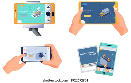 Human Hand Holding Phone With Web Page About Modern Technologies Attributes Of Technological Progress, Smart Industrial Production Innovative Methods Of Information Processing, Manufacturing Control